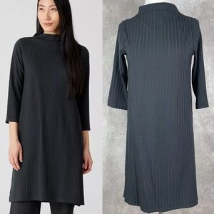 Eileen Fisher Washable Stretch Rib Funnel Neck 3/4 Sleeve Jersey Dress Blue XXS